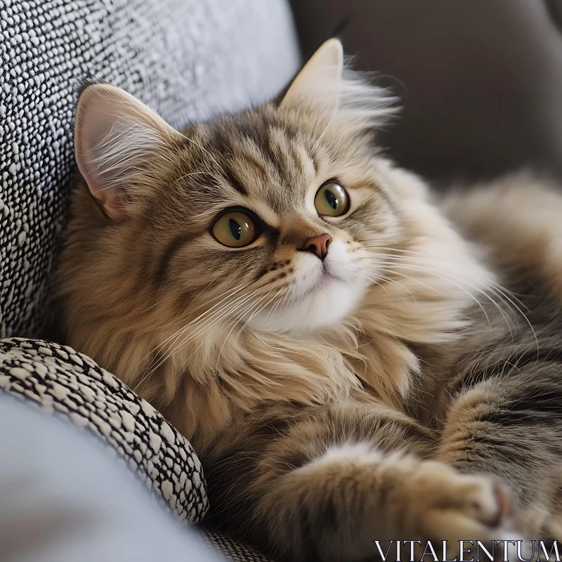 Fluffy Cat Lounging on Textured Fabric AI Image