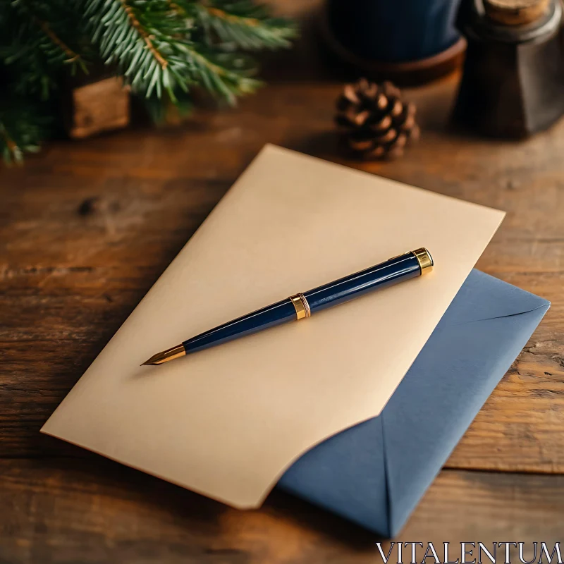 Fountain Pen on Letter and Envelope on Wooden Surface AI Image