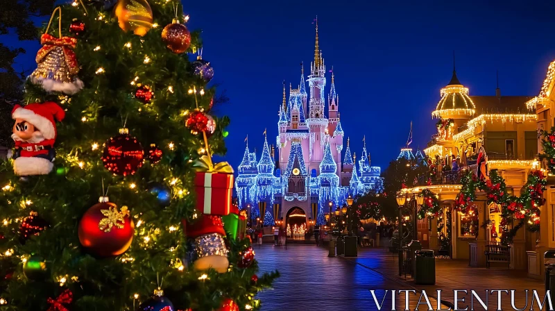 Festive Christmas Tree and Castle Lights AI Image