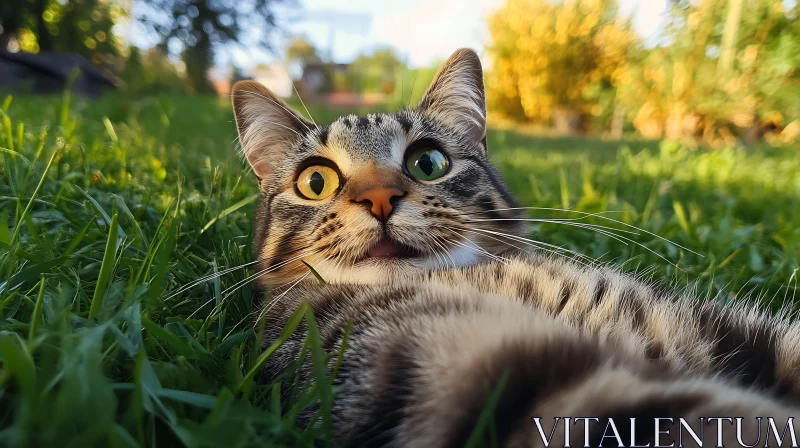 Wide-Eyed Tabby Cat on Grass AI Image