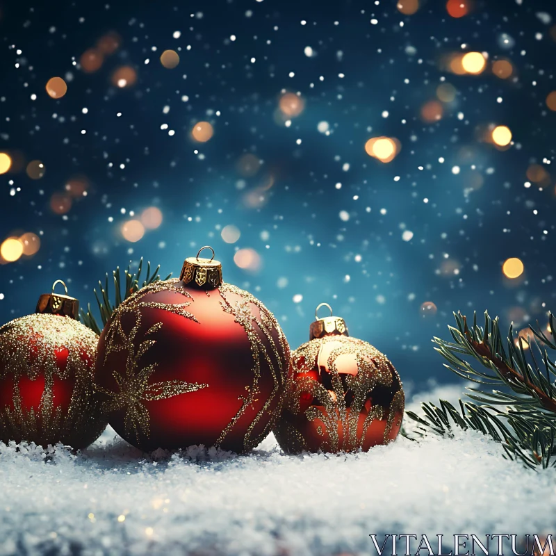 Christmas Ornaments on Snowy Background AI Image