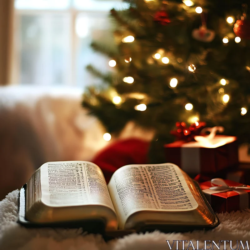 Festive Holiday Image with Bible and Tree AI Image