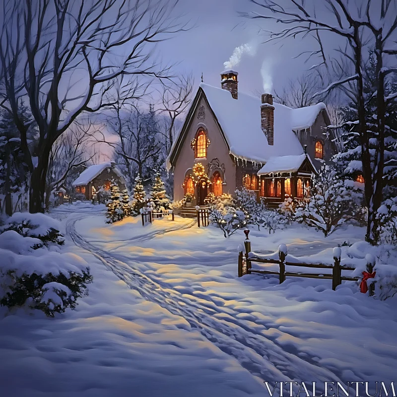 Cozy Holiday Cottage in Winter Wonderland AI Image