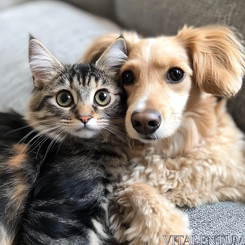 Cute Pets Snuggling on the Sofa AI Image