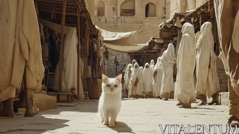 White Cat in Rustic Village Market AI Image