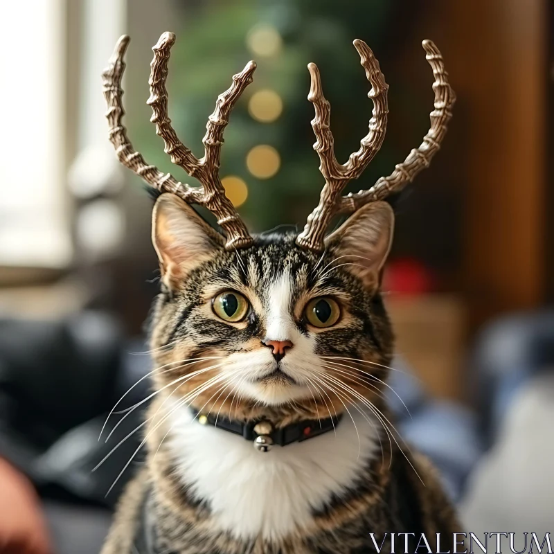 Festive Cat with Antlers Indoors AI Image