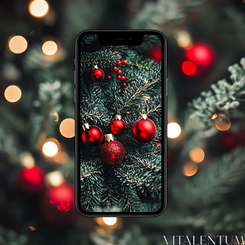 Festive Red Ornaments on a Christmas Tree Through Phone AI Image