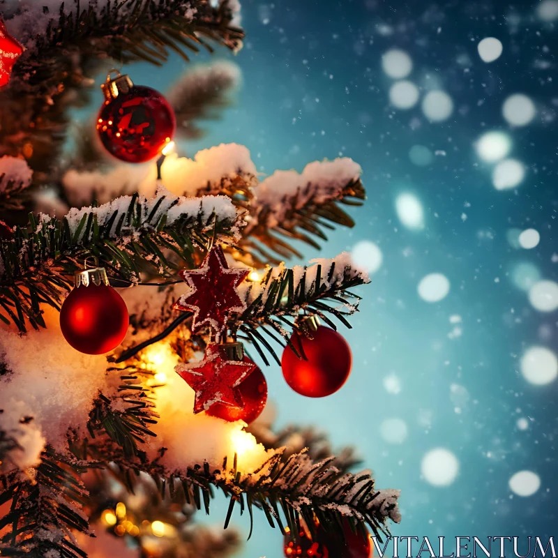 Holiday Imagery: Snow-Dusted Christmas Tree with Red Baubles AI Image