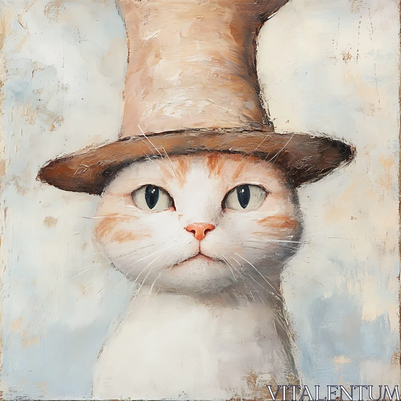 AI ART Charming Cat Painting with Beige Hat