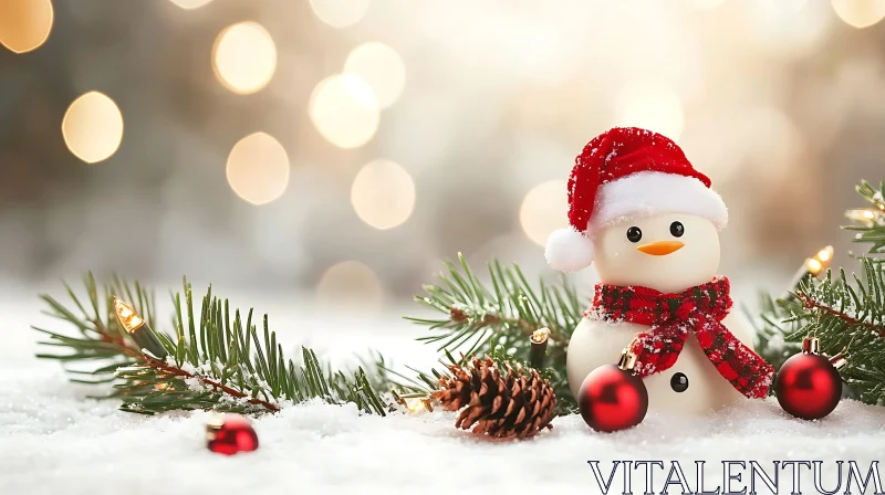 Holiday Snowman Amidst Festive Pine and Lights AI Image