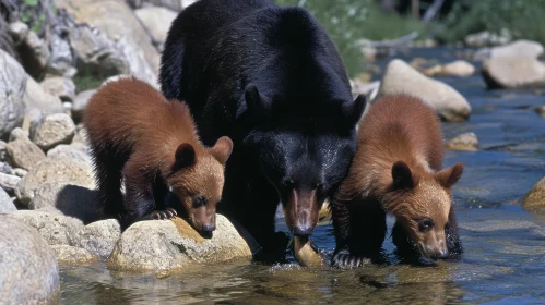 Black Bear and Cubs in River: A Breathtaking Nature Scene