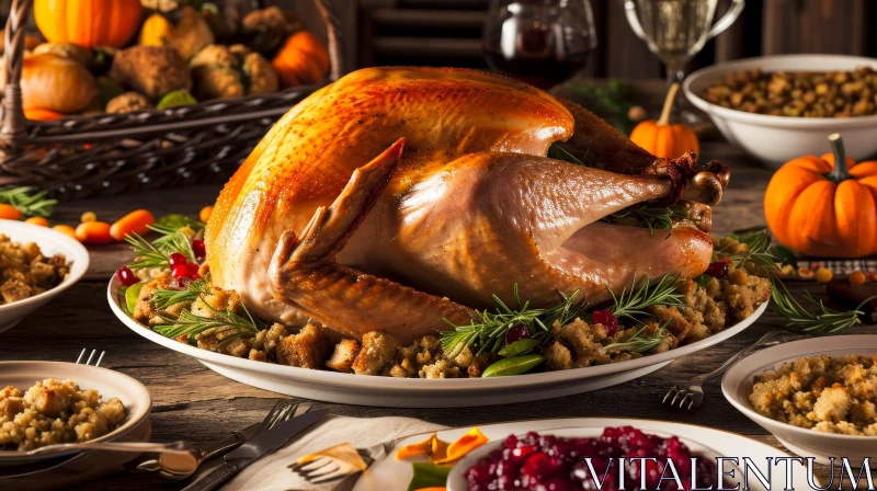 Captivating Thanksgiving Dinner Table with Roasted Turkey and Traditional Dishes AI Image