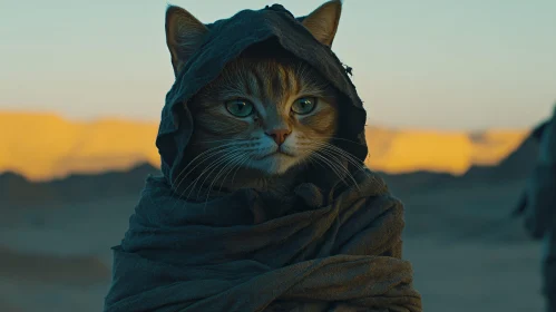 Cat in Hooded Cloak in Desert Setting