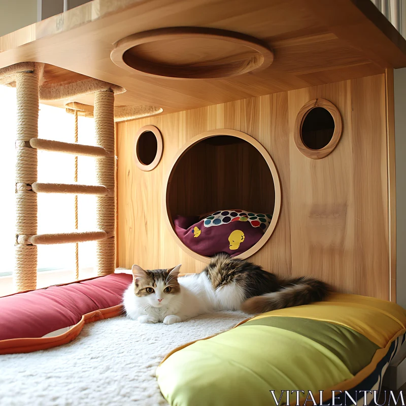 Comfortable Cat in Wooden Condo AI Image