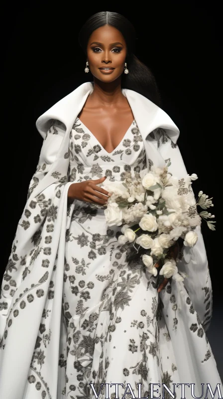 AI ART Exquisite Black Woman in White Gown and Cape on Runway | Floral Fashion
