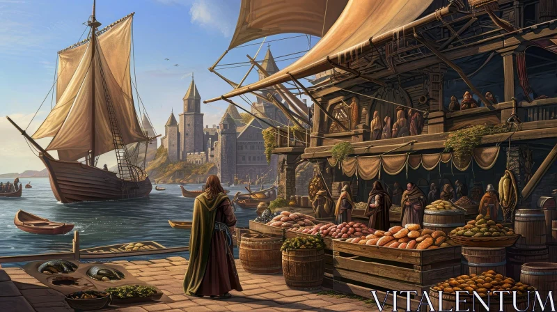 Medieval Harbor Painting: Bustling Scene of Ships and Market Stalls AI Image