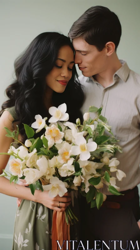 Romantic Couple Embracing with Exotic White Bouquet AI Image