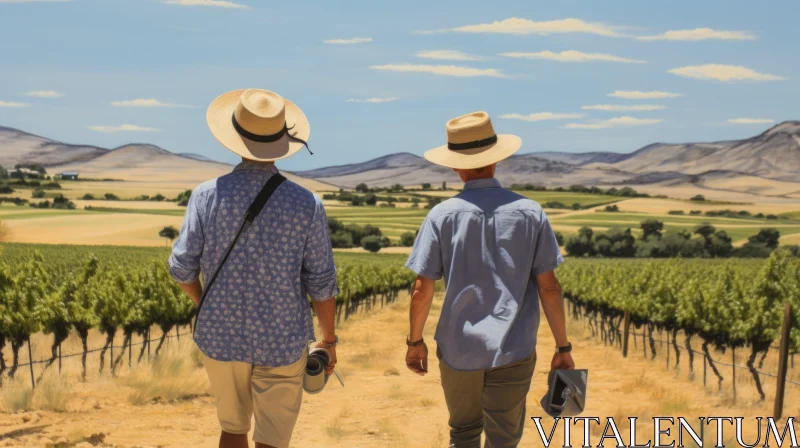 Two Men Walking in a Country Vineyard - Photorealistic Portraiture AI Image