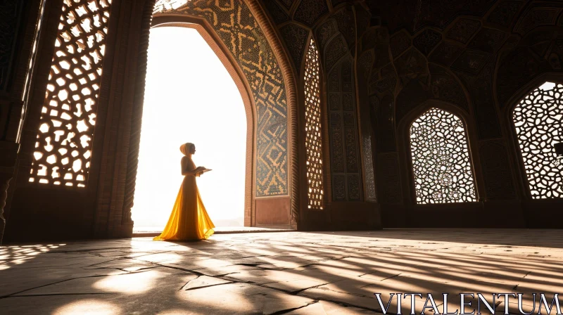 Young Woman in Yellow Dress and Hijab - Serene Room Scene AI Image