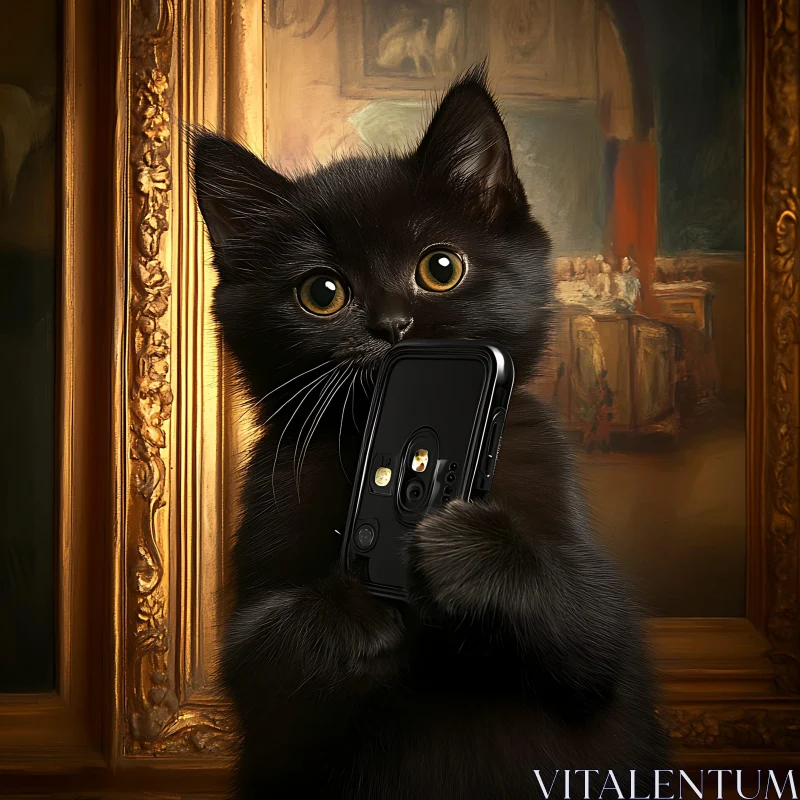 Curious Kitten with Smartphone in Artful Setting AI Image