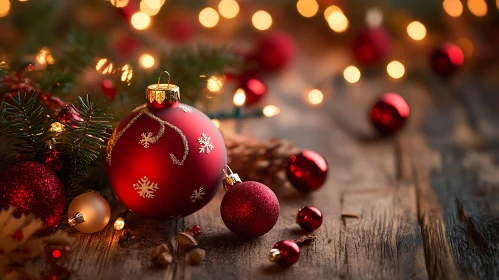 Holiday Decor with Red and Gold Baubles and Bokeh Lights