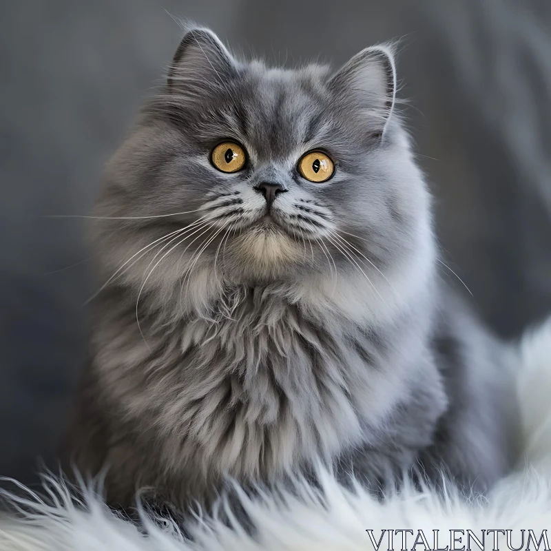 Fluffy Gray Cat with Golden Eyes in a Soft Setting AI Image