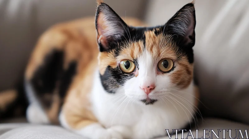 Colorful Calico Cat Resting on Sofa AI Image