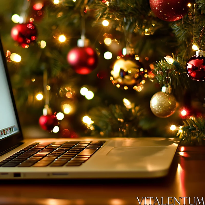 Laptop by a Decorated Christmas Tree AI Image