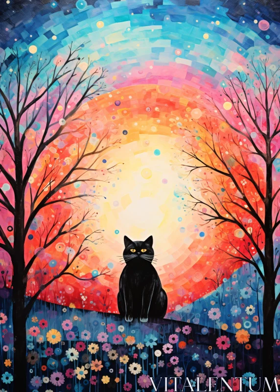 AI ART Surreal Black Cat amidst Colorful Flowers and Abstract Sky