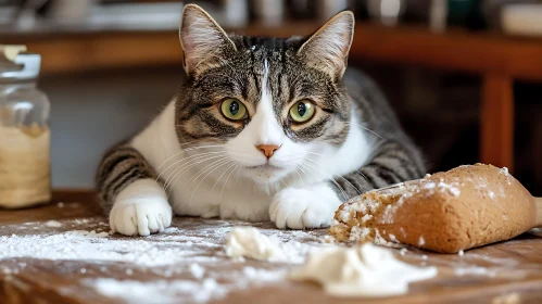 Cat Exploring Kitchen with Flour and Bread