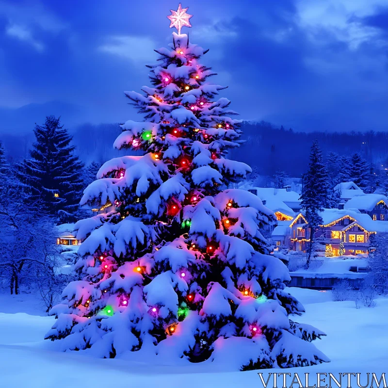 Illuminated Christmas Tree in Snowy Winter Scene AI Image