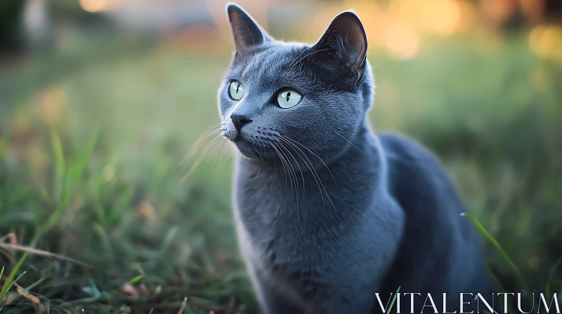 Serene Gray Cat with Green Eyes in Daylight AI Image