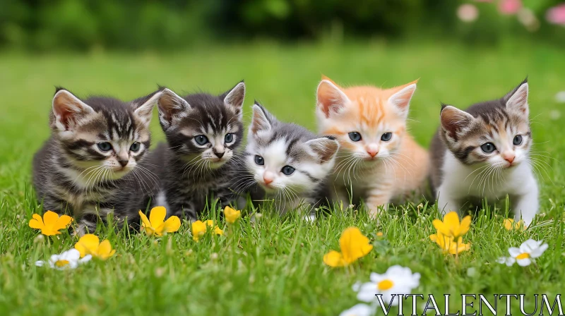 Cute Kittens on Grass Surrounded by Flowers AI Image