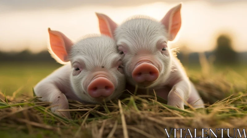 Adorable Piglets in Hay Field AI Image