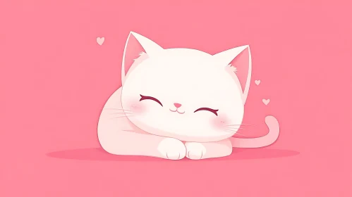 Cute White Cat Illustration on Pink