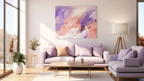 Bright Living Room Interior with Pink Sofa and Abstract Painting