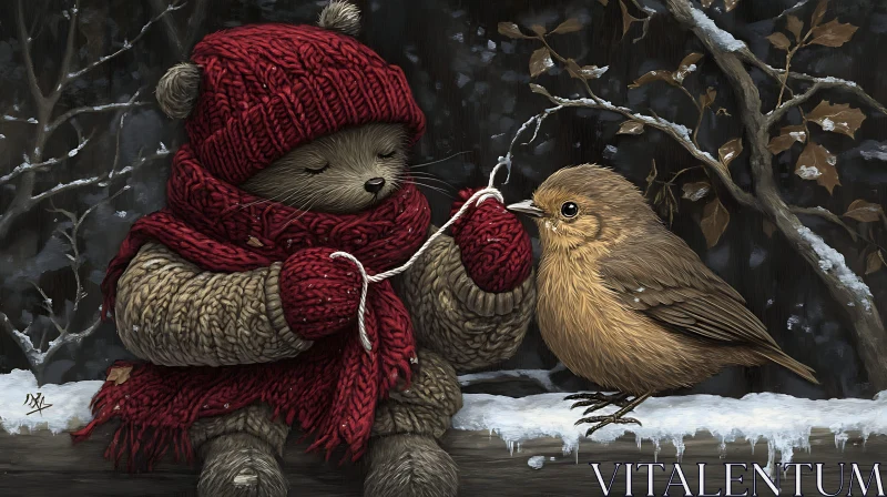 Charming Bear and Bird in Winter Forest AI Image