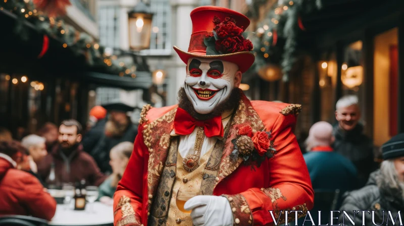 Captivating Street Decor: A Person in a Red Costume with Clown Makeup AI Image