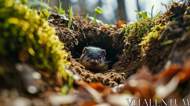 Close-Up of a Curious Rodent Peeking Out of Its Forest Burrow AI Image