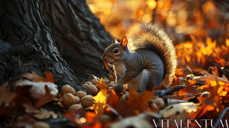 AI ART Close-up of a Gray Squirrel on Fallen Leaves