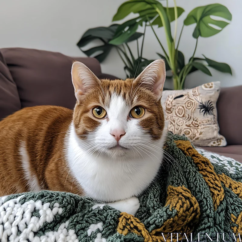 Domestic Cat Relaxing on a Blanket AI Image