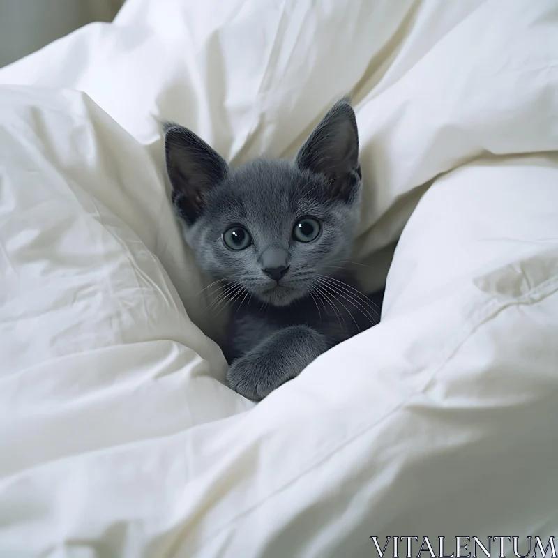 Cute Grey Kitten in Soft White Bedding AI Image