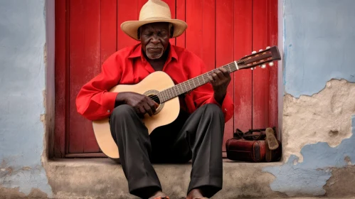 Guitarist by the Vibrant Red Door - Afro-Colombian Themes