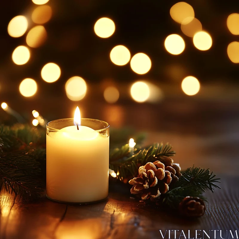 Cozy Candle and Pine Decoration with Festive Lights AI Image