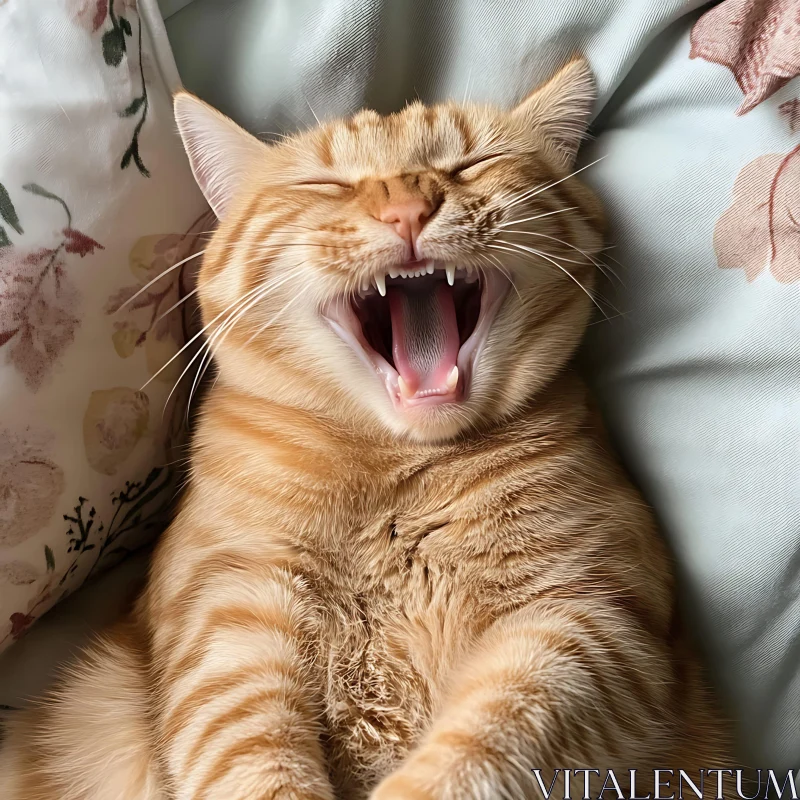 Relaxed Ginger Cat Yawning at Home AI Image