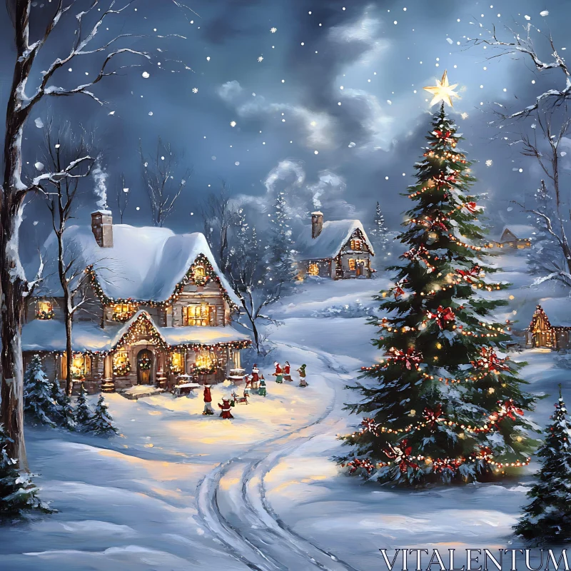 AI ART Snowy Christmas Village at Night