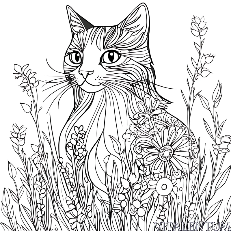 Detailed Cat Sketch with Flowers AI Image