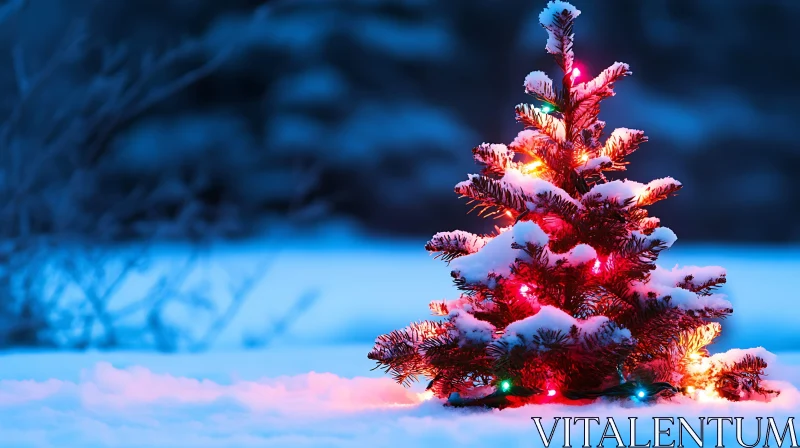 Snowy Christmas Tree Illuminated with Colorful Lights AI Image