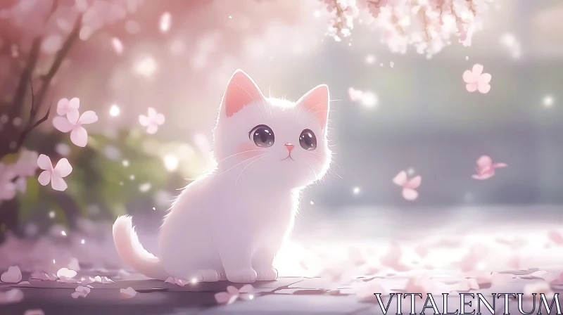 Cute White Kitten Surrounded by Falling Flowers AI Image