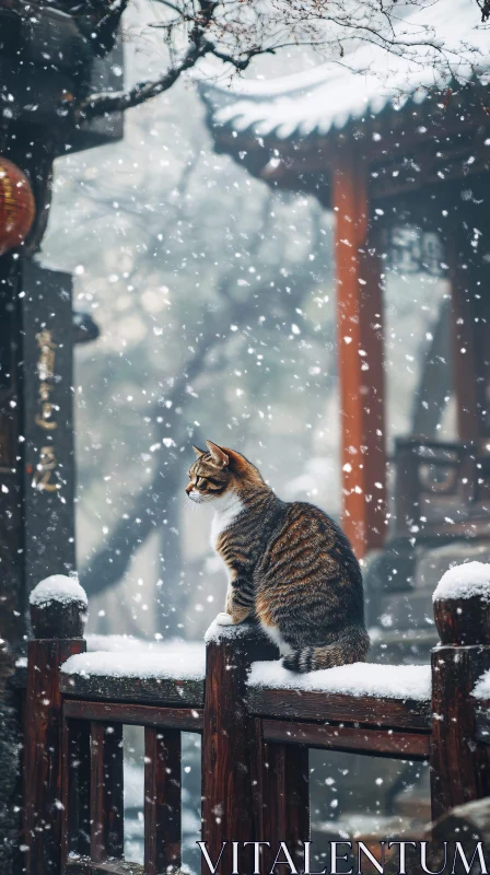 AI ART Serenity of a Cat in Winter by Historic Temple